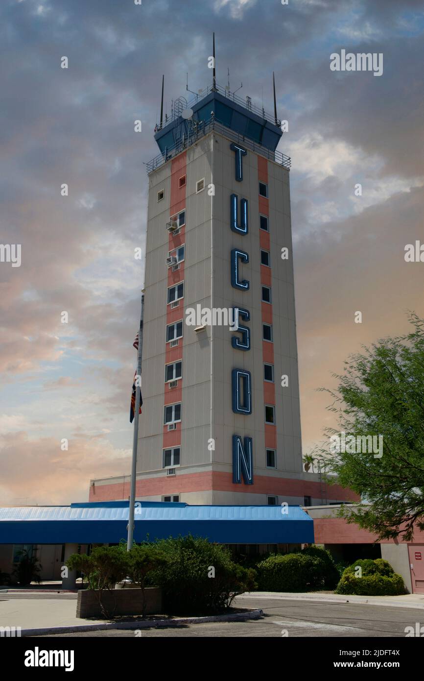 The famous Tucson International Airport Control tower with its Neon signage. Stock Photo