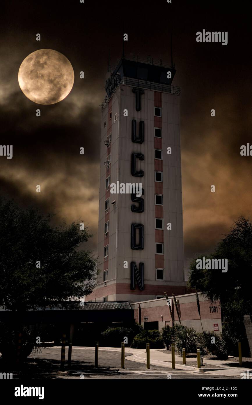 The famous Tucson International Airport Control tower with its Neon signage. Stock Photo