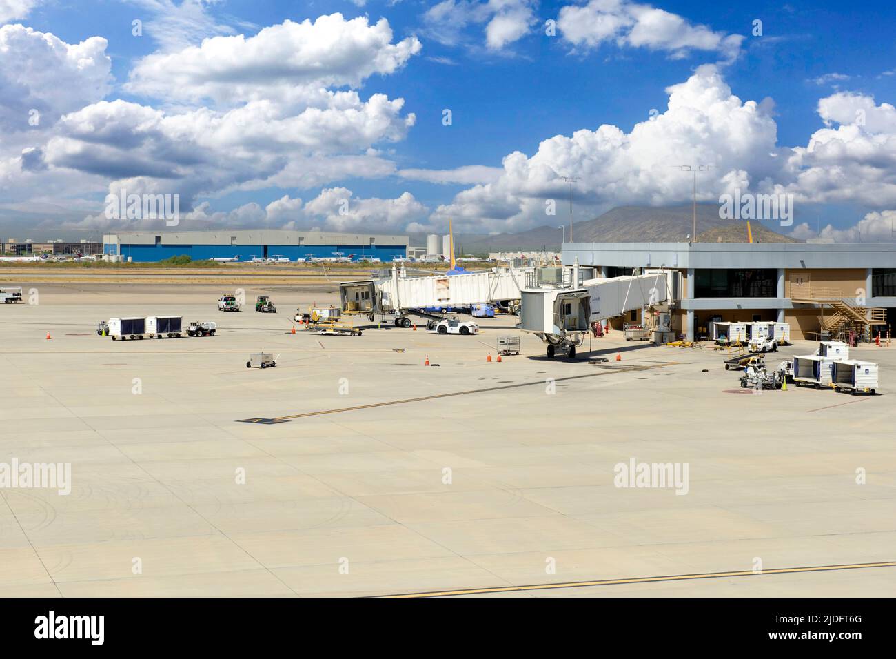 No aircraft at the arrival or departure gates at Tucson International Airport on a slow Summer's day. Stock Photo