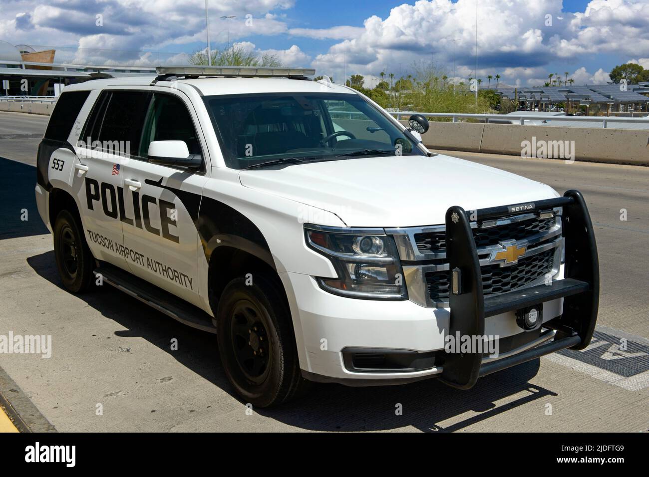 lack and White Tucson Airport Authority Police vehicle Stock Photo