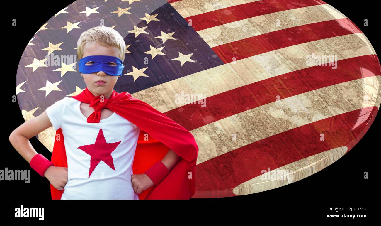 Caucasian boy in superhero costume against american flag design over a  badge with copy space Stock Photo - Alamy