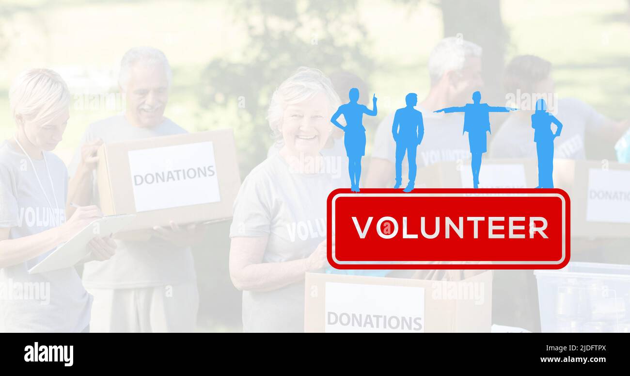 Caucasian seniors volunteering at donation camp and vector of red volunteer text with blue people Stock Photo