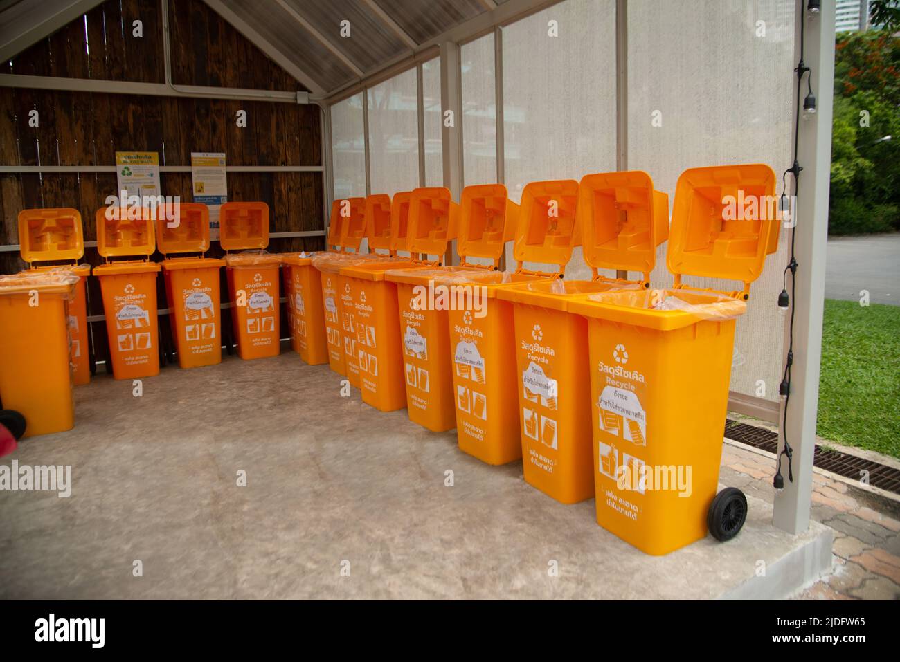 BANGKOK ,THAILAND 9 JUNE , 2022 Garbage bins are arranged neatly