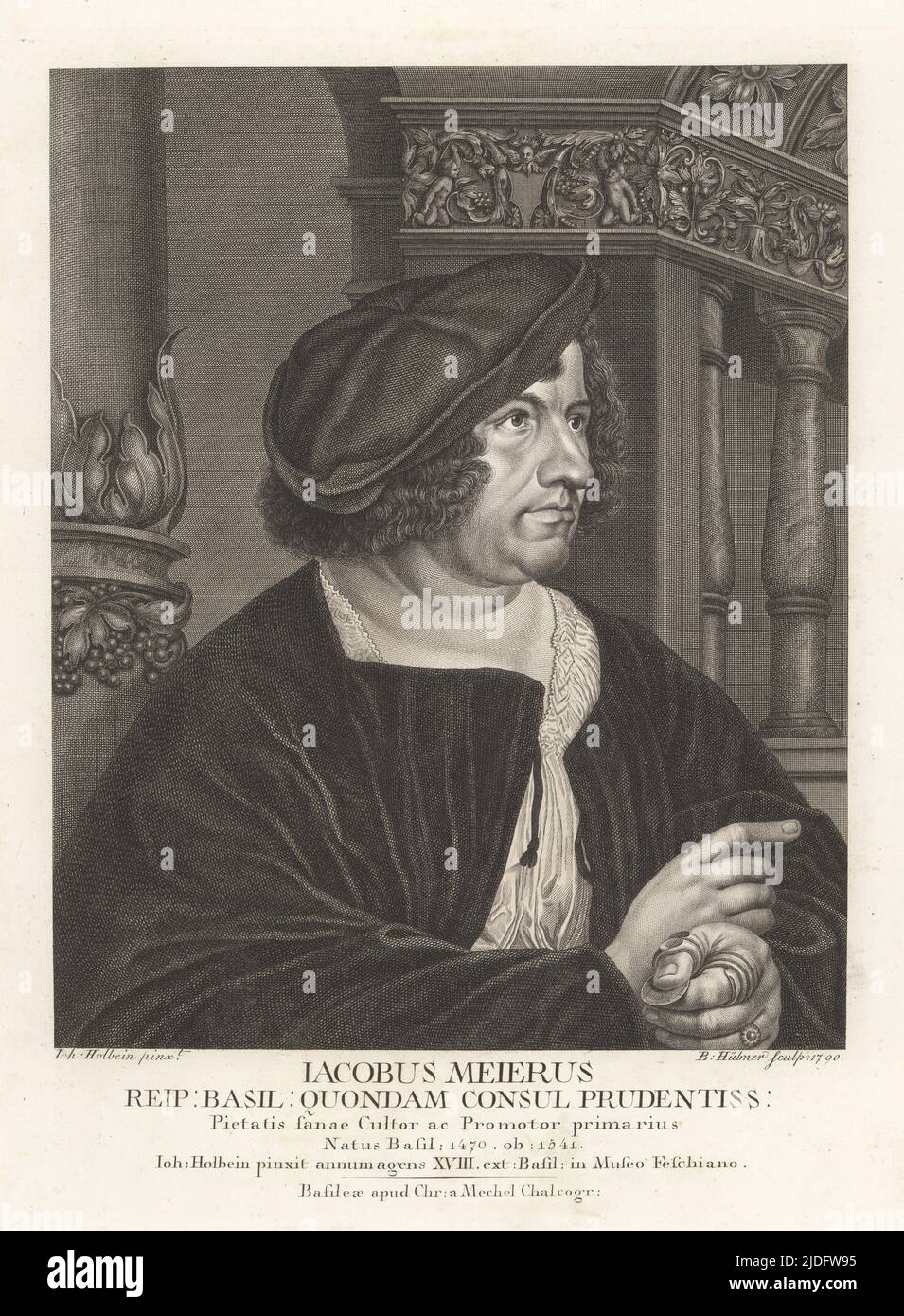 Portrait of Jakob Meyer zum Hasen, money changer and burgermeister of Basel, 1482-1531. Iacobus Meierus, Reip: Basil: Quondam Consul Prudentiss. Copperplate engraving by Bartholomaus Hubner after a portrait by Hans Holbein in Christian von Mechel's Oeuvre de Jean Holbein, Chez Guillaume Haas, Basel, 1790. Stock Photo