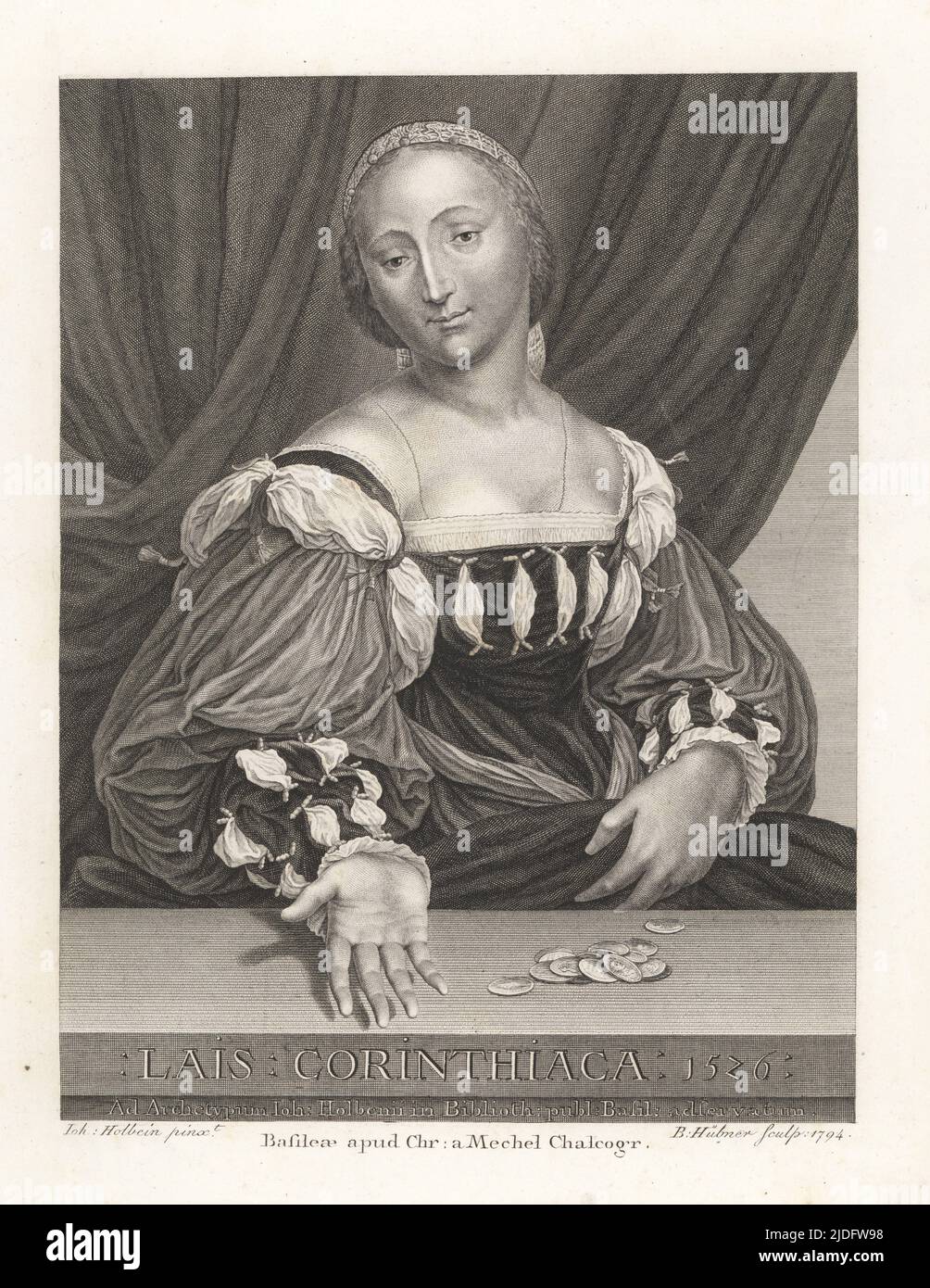 Portrait of Magdalena Offenburg as Lais of Corinth, Greek courtesan, in gown with slashed bodice and sleeves, seated at a table with coins. Titled: Lais Corinthiaca 1526. Copperplate engraving by Bartholomaus Hubner after a portrait by Hans Holbein in Christian von Mechel's Oeuvre de Jean Holbein, Chez Guillaume Haas, Basel, 1790. Stock Photo