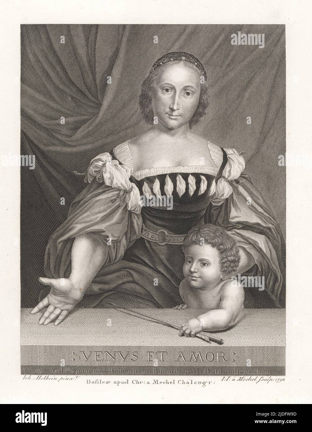 Portrait of Magdalena Offenburg as Venus, Roman goddess of love, with her son Cupid. In gown with slashed bodice and sleeves, seated at a table, with Cupid holding a dart. Titled: Venus et Amor. Copperplate engraving by Bartholomaus Hubner after a portrait accredited to Hans Holbein in Christian von Mechel's Oeuvre de Jean Holbein, Chez Guillaume Haas, Basel, 1790. Stock Photo