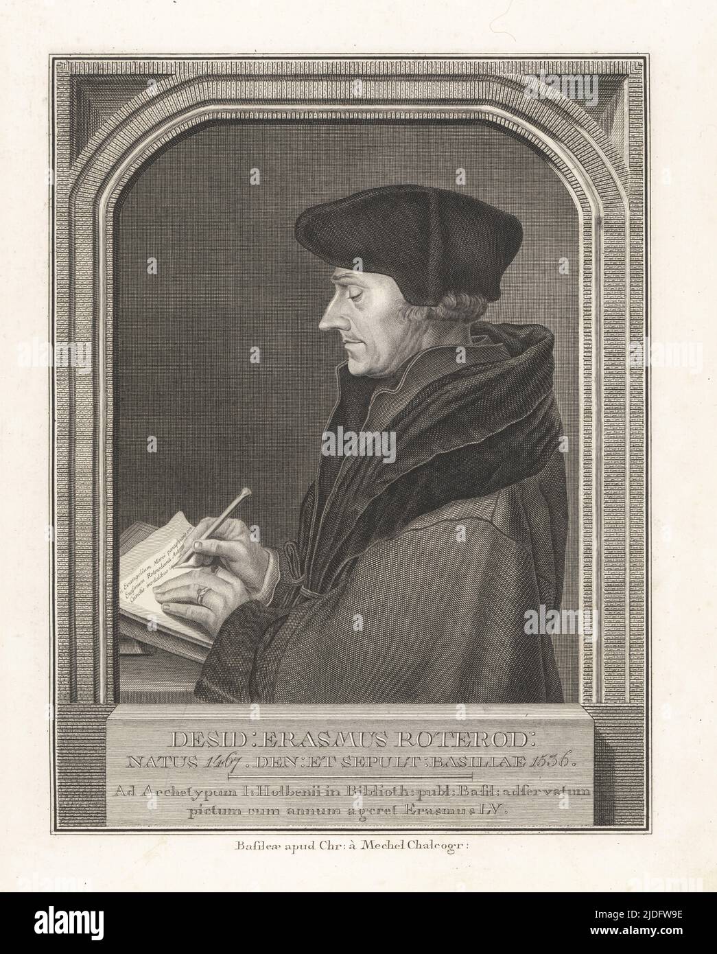 Portrait of Erasmus of Rotterdam, 1466-1536. Desiderius Erasmus Roterodamus, Dutch philosopher, humanist and Catholic theologian, considered one of the greatest scholars of the northern Renaissance. Desid: Erasmus Roterod: Copperplate engraving by Bartholomaus Hubner after a portrait by Hans Holbein in Christian von Mechel's Oeuvre de Jean Holbein, Chez Guillaume Haas, Basel, 1790. Stock Photo