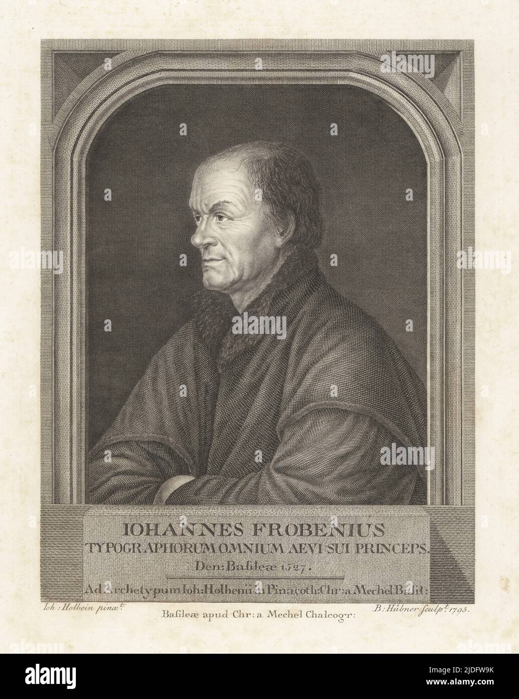 Portrait of Johann Froben, c. 1460-1527. Famous printer, publisher and learned Renaissance humanist in Basel. Iohannes Frobenus, Typographorum Omnium Aevi Sui Princeps. 1527. Copperplate engraving by Bartholomaus Hubner after a portrait by Hans Holbein in Christian von Mechel's Oeuvre de Jean Holbein, Chez Guillaume Haas, Basel, 1790. Stock Photo