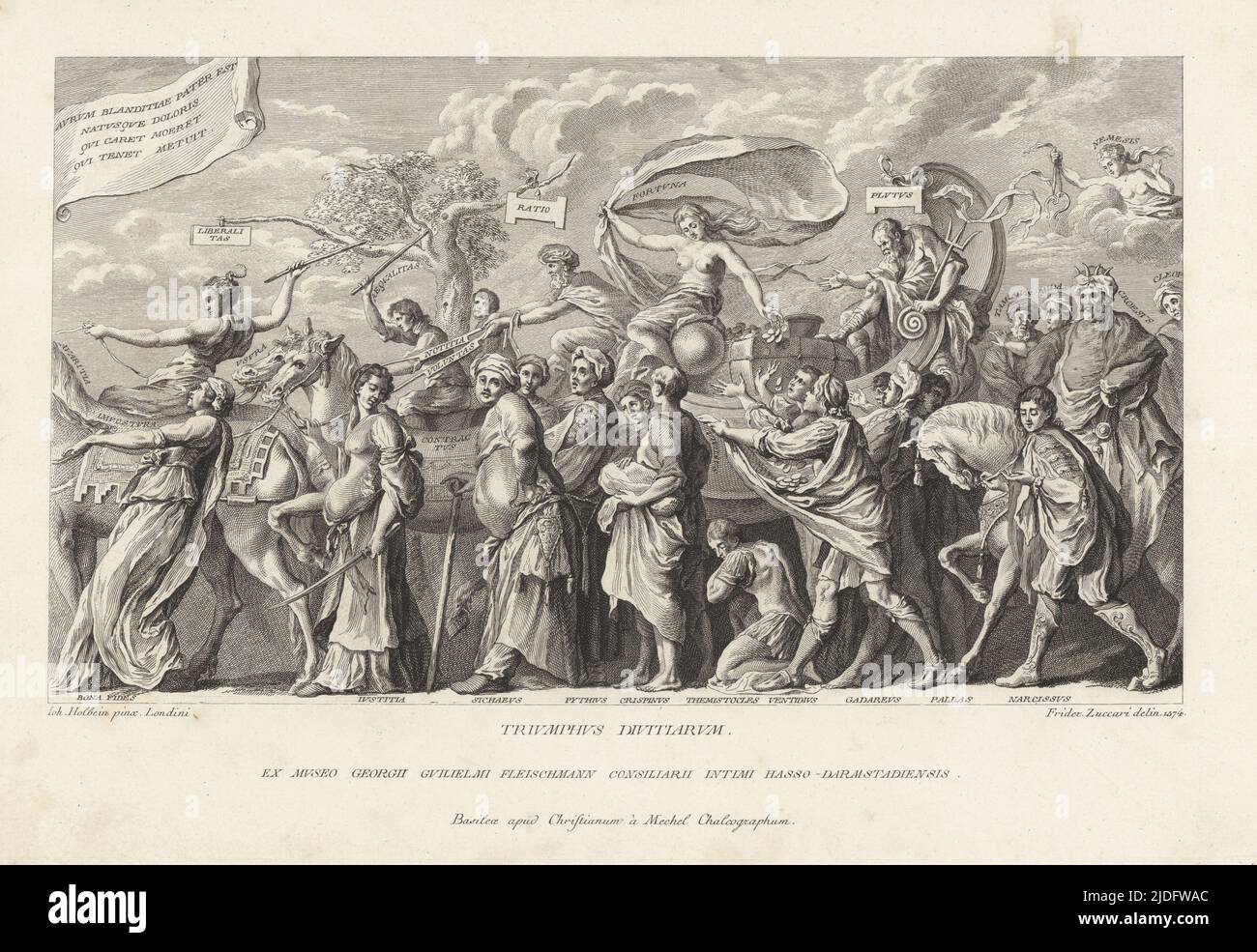 The Triumph of Wealth, procession of allegorical figures of the rich. Fortune and Pluto ride a carriage drawn by Avarice, Imposture, Usury, etc. Followed by Croesus, Midas, Cleopatra, Justice, Pallas, Pythius, Crispinus, etc., while Nemesis watches from a cloud. Triumphus Divitiarum. Copperplate engraving by Christian Mechel after a sketch by Federico Zuccari after a painting by Hans Holbein in Christian von Mechel's Oeuvre de Jean Holbein, Chez Guillaume Haas, Basel, 1790. Stock Photo