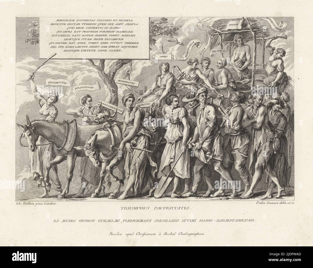 Triumph of Poverty. Female allegorical figures of Industry, Memory, Penia (poverty), Hope ride a hay wagon drawn by bulls and mules, handing out weapons and tools to Labor, Misery, Beggary, etc. Triumphus Paupertatis. Copperplate engraving by Christian Mechel after a sketch by Federico Zuccari after Hans Holbein's painting in Christian von Mechel's Oeuvre de Jean Holbein, Chez Guillaume Haas, Basel, 1790. Stock Photo