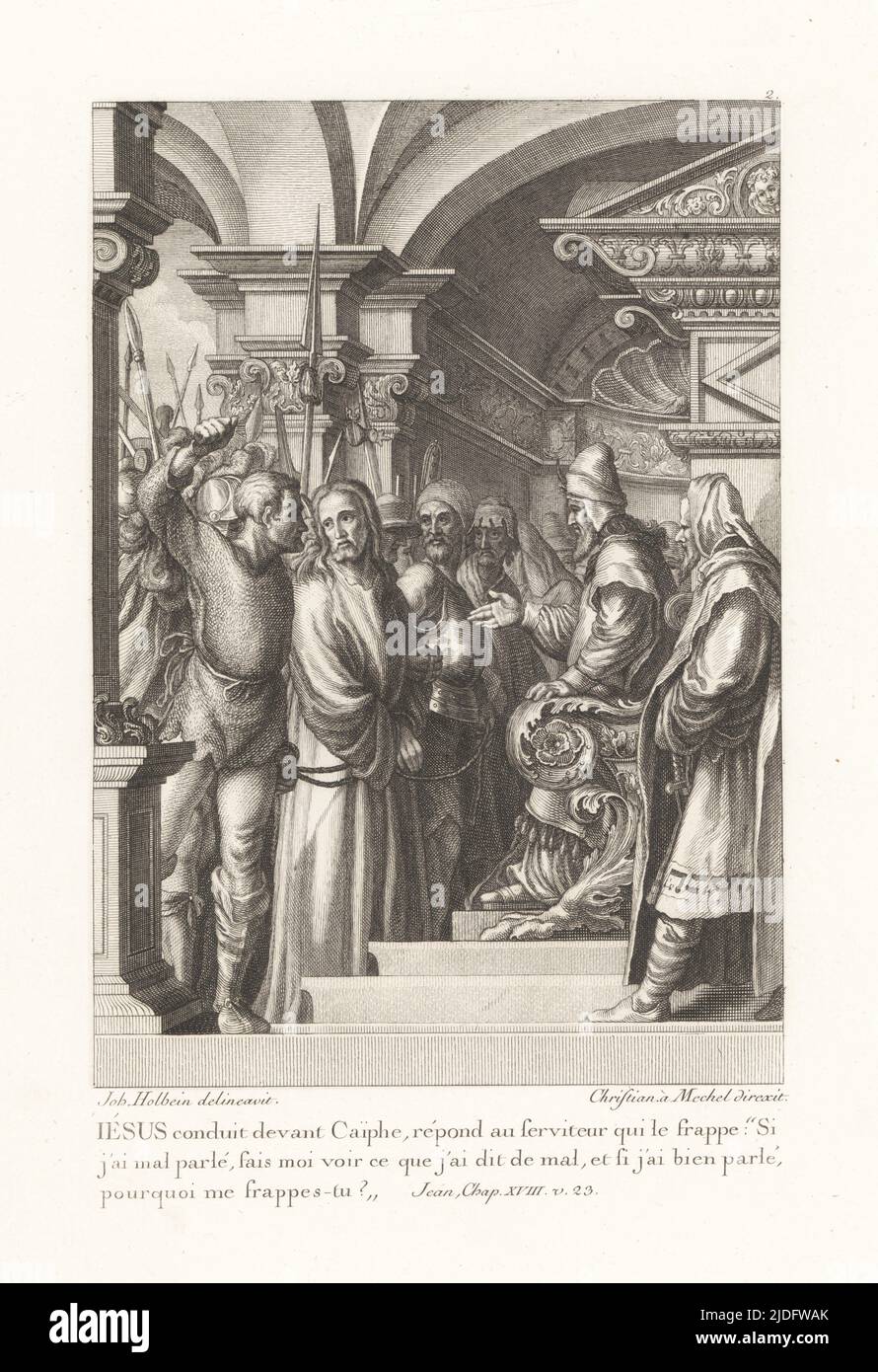 Jesus Christ brought before Jewish high priest Caiaphas. Jesus conduit devant Caiphe. John XVIII v 23. From Le Passion de Notre Seigneur, The Passion of our Lord. Copperplate engraving by Christian Mechel after a portrait by Hans Holbein in Christian von Mechel's Oeuvre de Jean Holbein, Chez Guillaume Haas, Basel, 1784. Stock Photo