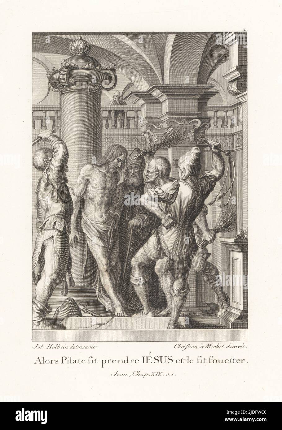 Pilate orders Jesus Christ to be flogged by several guards with cat-o-nine tails and birches. Alors Pilate fit prendre Jesus et le fit fouetter. John XIX v. 1. Le Passion de Notre Seigneur, The Passion of our Lord. Copperplate engraving by Christian Mechel after a portrait by Hans Holbein in Christian von Mechel's Oeuvre de Jean Holbein, Chez Guillaume Haas, Basel, 1790. Stock Photo