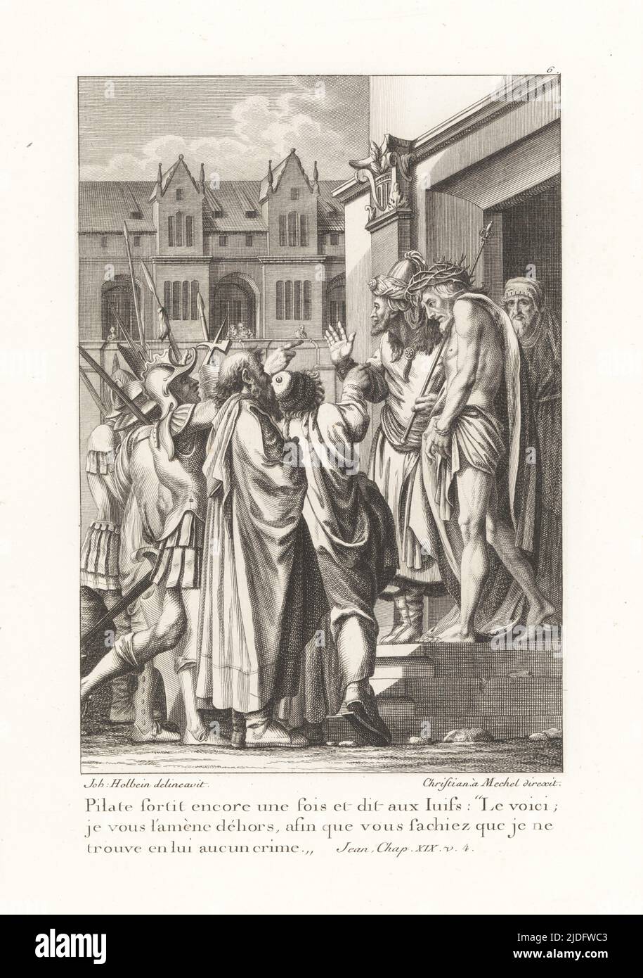 Pilate brings out Jesus Christ again in front of the Jews. Pilate fortit encore une fois et dit aux Juifs. John XIX v. 4. From Le Passion de Notre Seigneur, The Passion of our Lord. Copperplate engraving by Christian Mechel after a portrait by Hans Holbein in Christian von Mechel's Oeuvre de Jean Holbein, Chez Guillaume Haas, Basel, 1790. Stock Photo