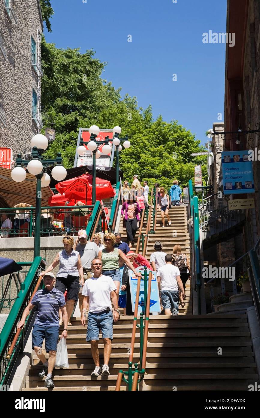 Tourists on the Escalier Casse-Cou or Breakneck Stairs in English, Lower Town, Old Quebec City, Quebec, Canada. Stock Photo