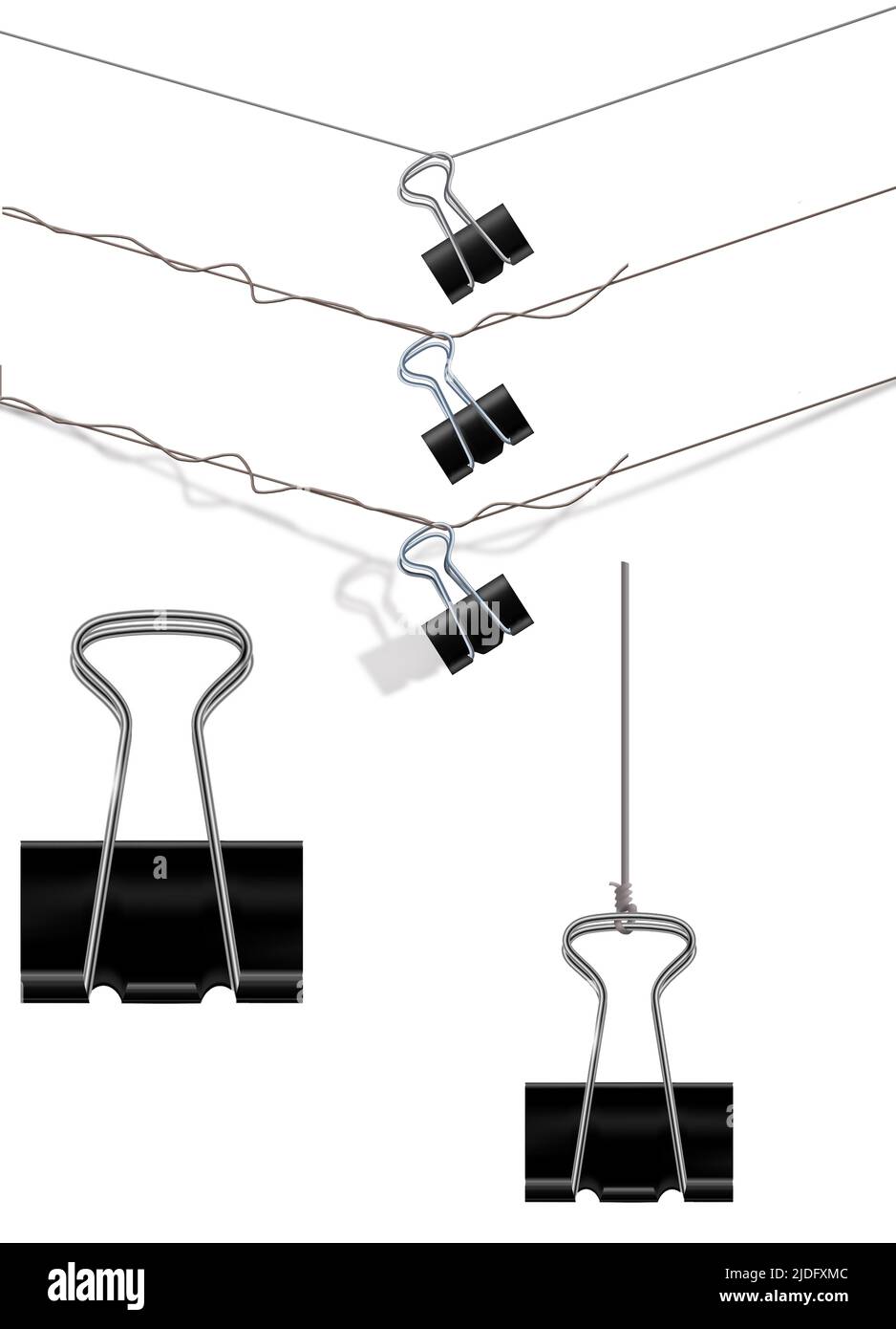 Paper clamps are seen hanging on wire in these 3-d illustrations to be used a graphic resources. Stock Photo