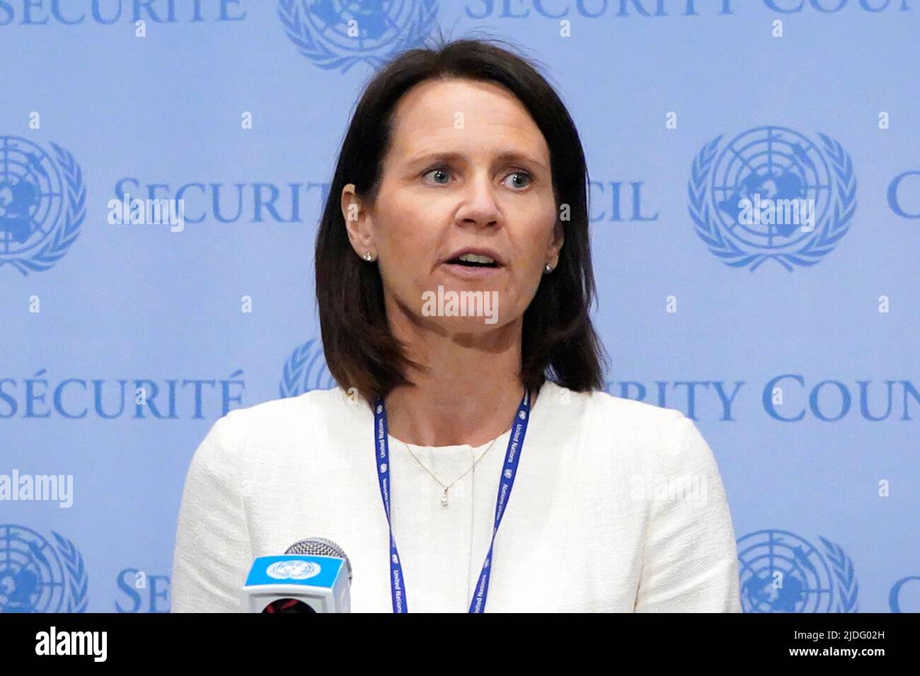 Ambassador Trine Heimerback, Deputy Permanent Representative of Norway. addresses the press ahead of the Security Council discussion of the humanitarian crisis in Syria and World Refugee Day at the United Nations Headquarters on June 20, 2022 in New York City. A massive refugee crisis has displaced millions as the civil war endures that began in 2011, causing destruction to infrastructure and the Syrian economy. According to sources 11.1 million people in Syria are in need of humanitarian assistance. ( Photo by John Lamparski/Sipa USA) Stock Photo