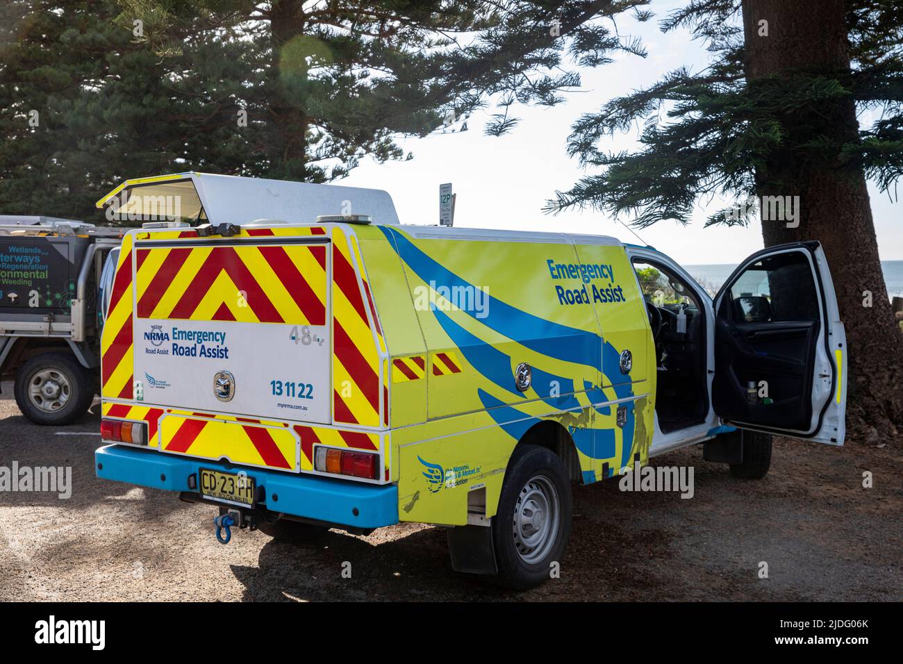 NRMA breakdown emergency road assist vehicle attends to a broken down motor vehicle at Newport