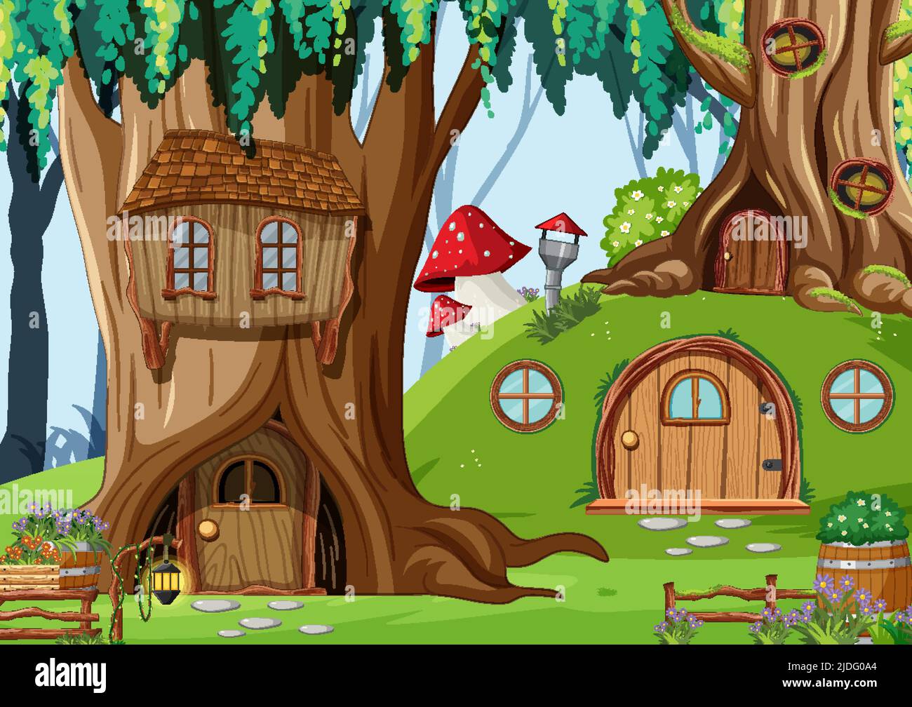 Fantasy forest with tree house illustration Stock Vector Image & Art ...