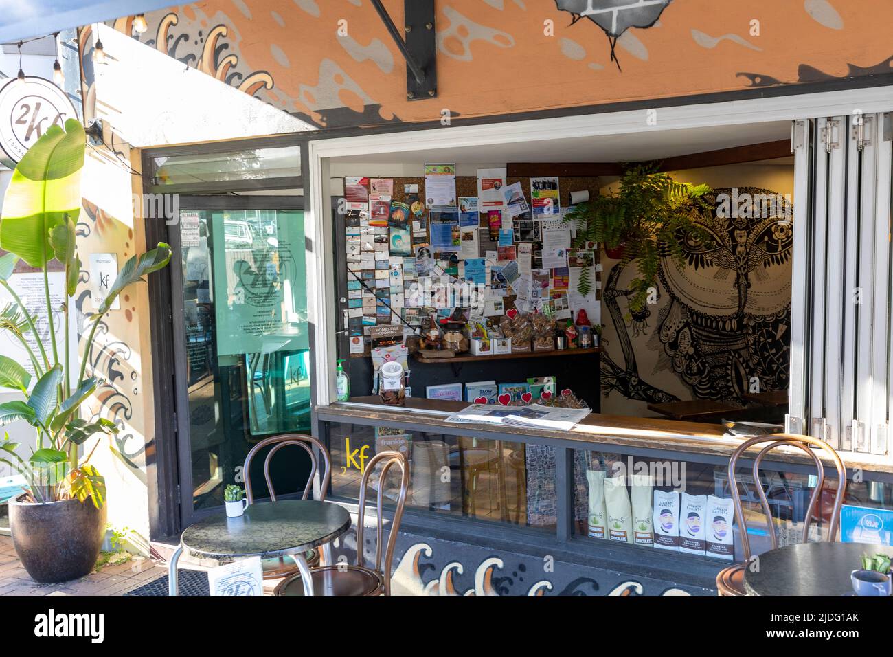 Australian cafe and coffee shop with a pin noticeboard inside for flyers, business cards and public notices,Sydney,NSW,Australia Stock Photo