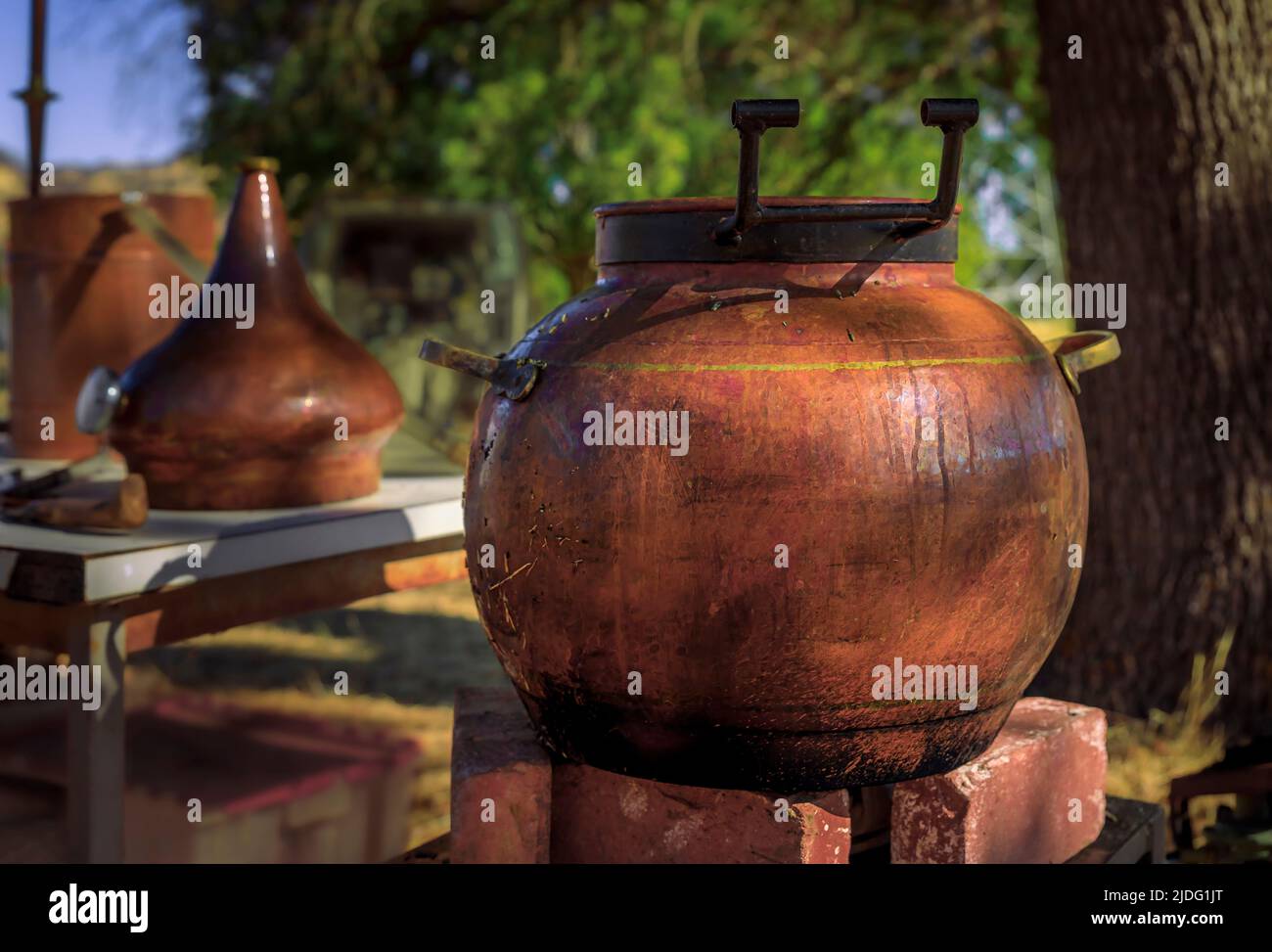 Copper still set up at a lavender field ready to distill the essential oil on a farm in Vacaville Northern California, near San Francisco Stock Photo
