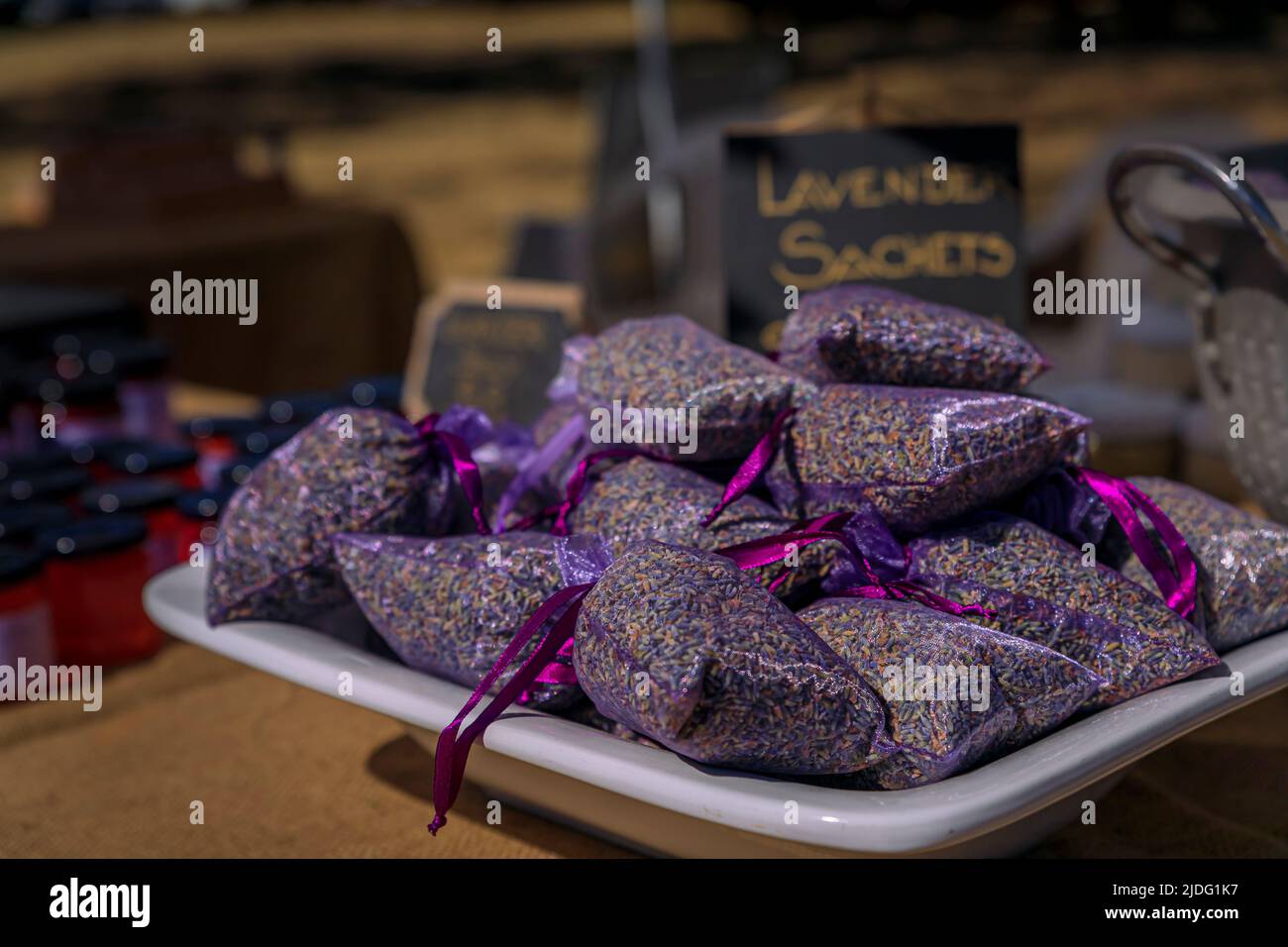 Freshly made lavender sachets for sale at a farm stand in Vacaville Northern California, near San Francisco Stock Photo