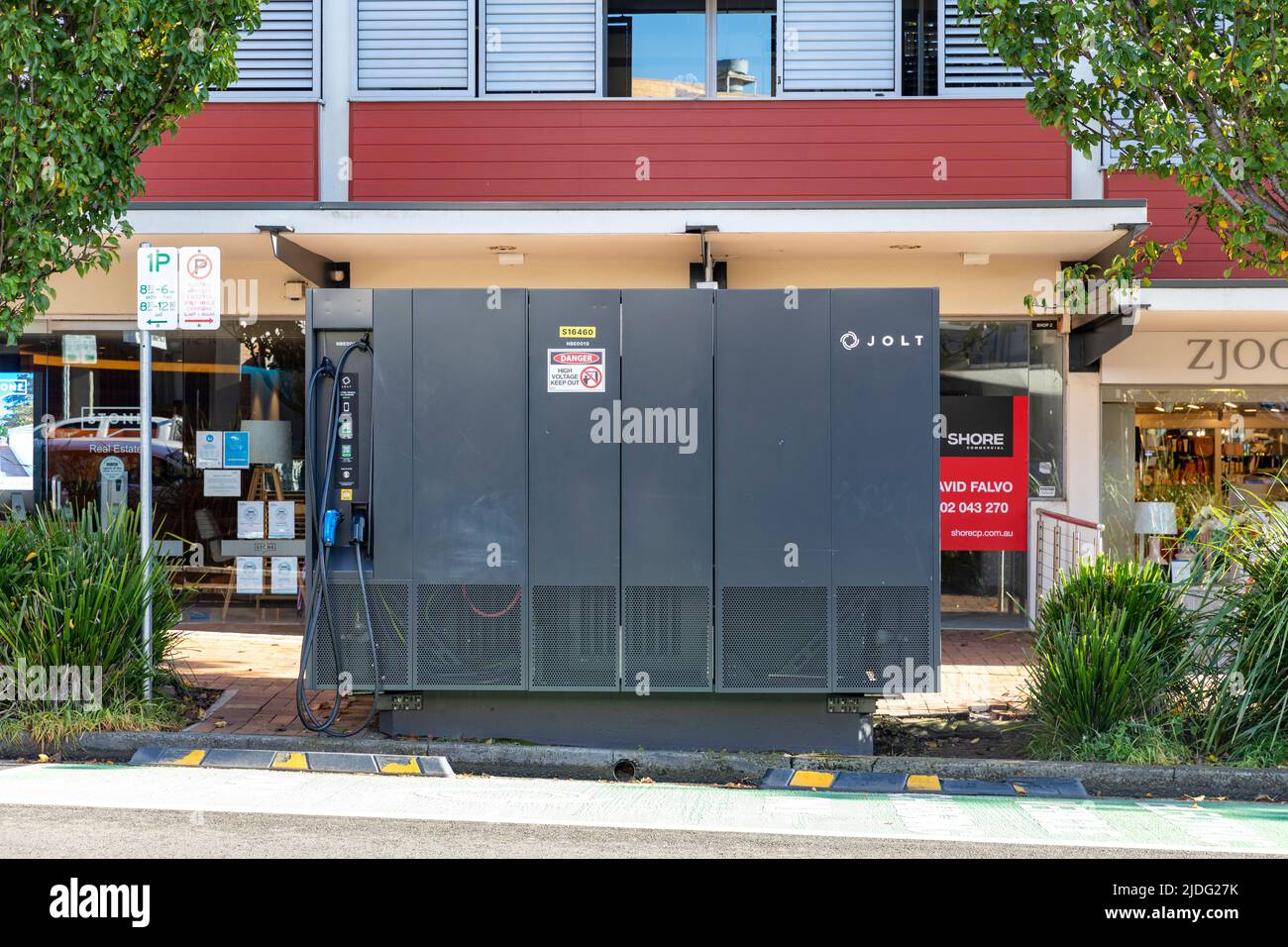 Jolt electric vehicle EV public vehicle charging unit in Mona Vale Sydney, customers receive 15 minutes of free charging,Sydney,NSW,Australia Stock Photo