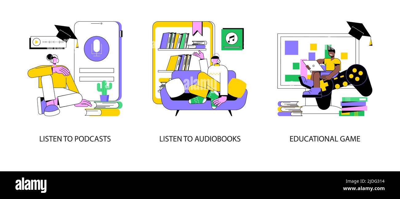 Educational resources abstract concept vector illustration set. Listen ...