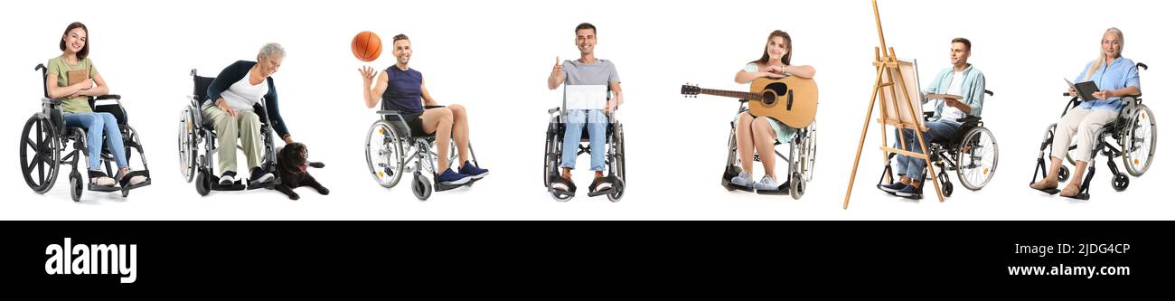 Set of people in wheelchair isolated on white Stock Photo