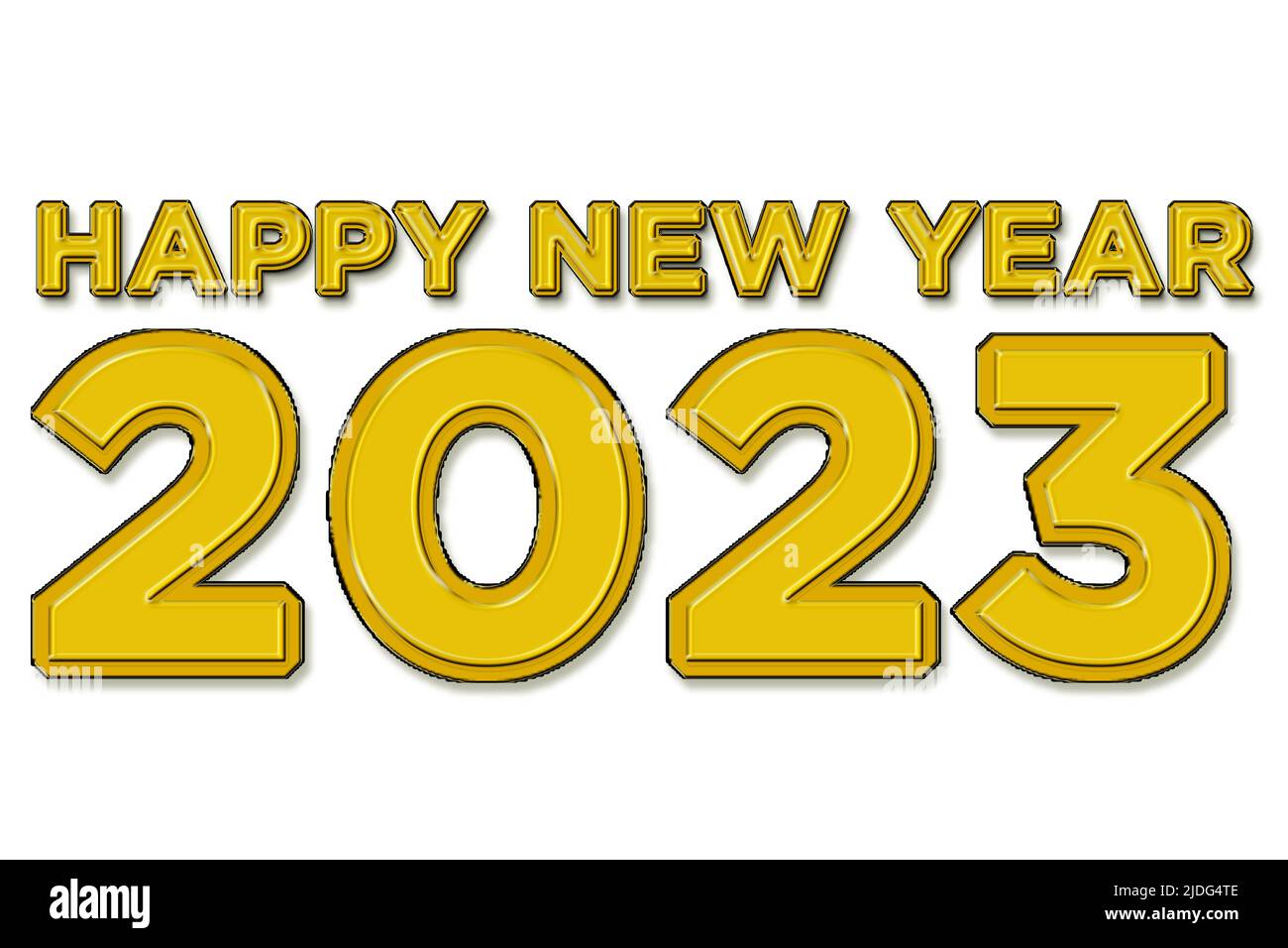 Happy new year 2023 illustration in yellow color text on white background Stock Photo