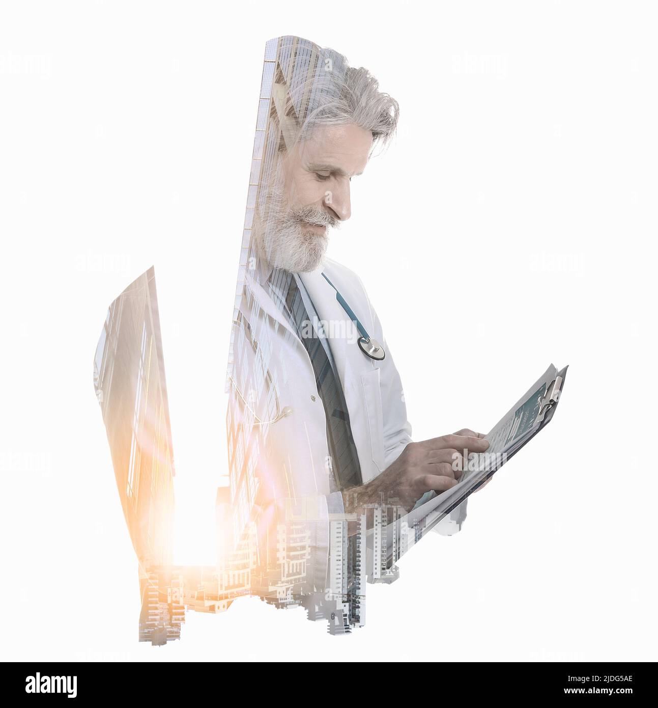 Double exposure of modern city buildings and senior doctor on white background Stock Photo