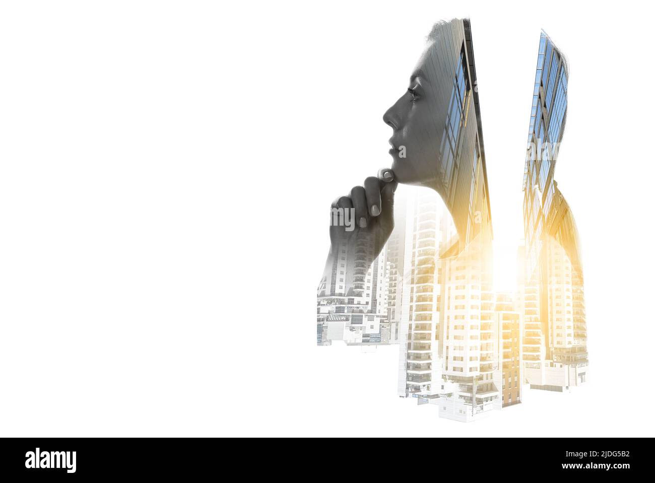 Double exposure of modern city buildings and thoughtful female doctor on white background Stock Photo