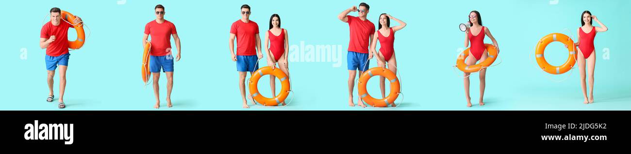 Set of beach rescuers on light blue background Stock Photo - Alamy