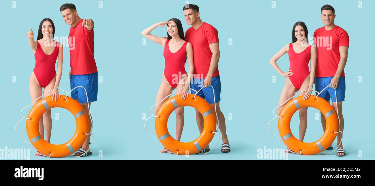Set of beach rescuers on light blue background Stock Photo - Alamy