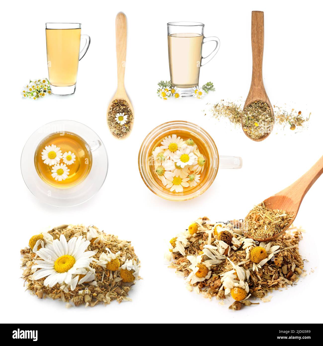 Set of healthy chamomile tea isolated on white Stock Photo - Alamy