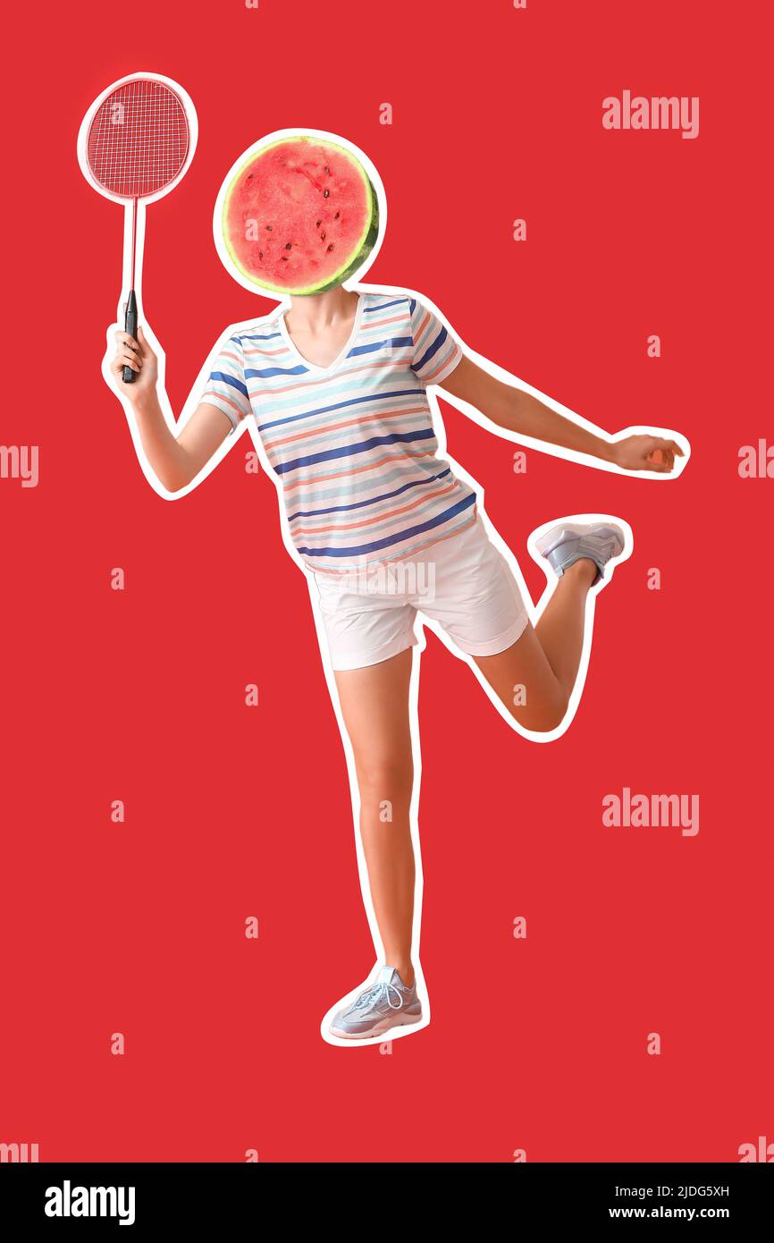 Female badminton player with ripe watermelon instead of her head on red
