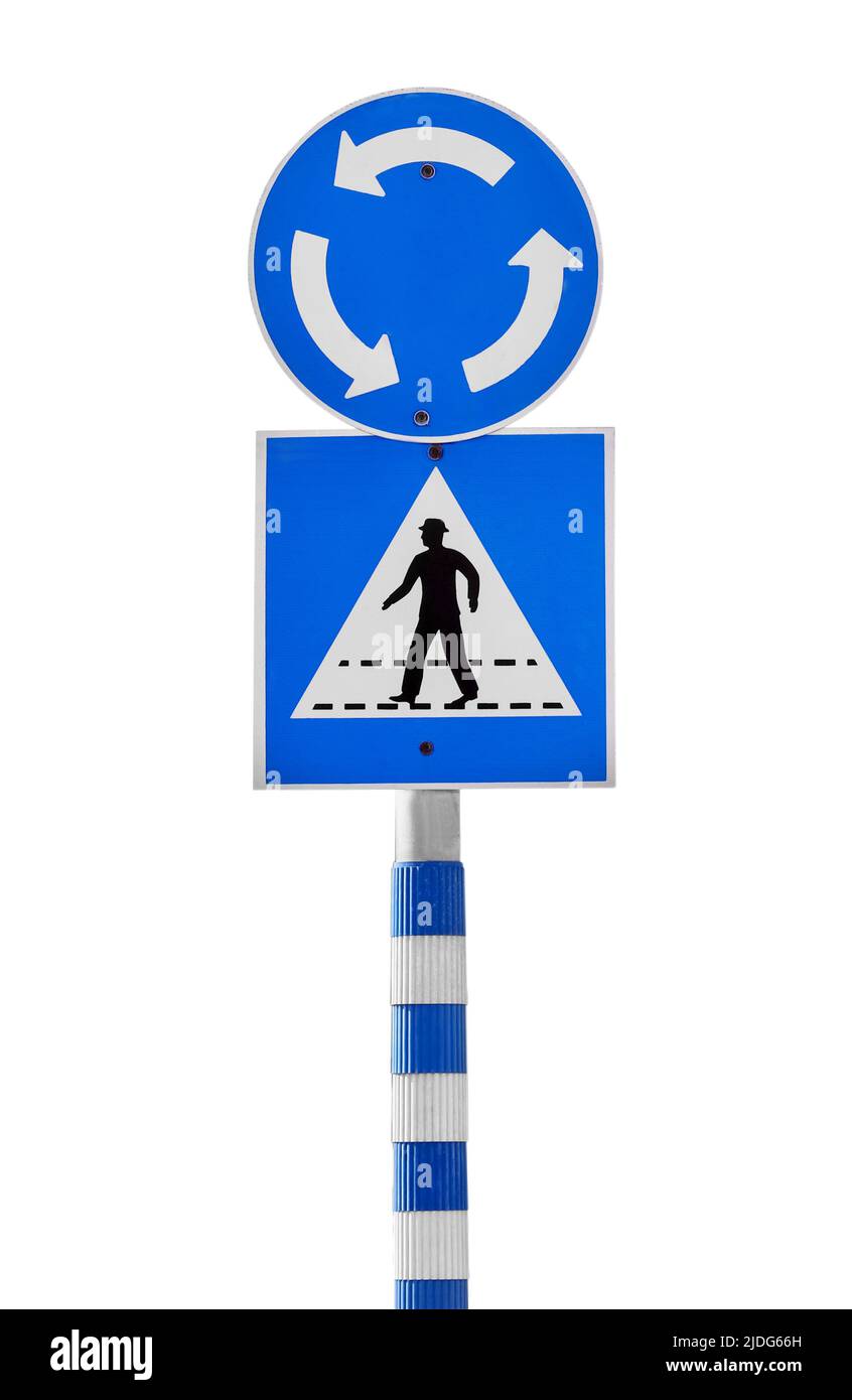Traffic signs of roundabout and pedestrian crossing on white background