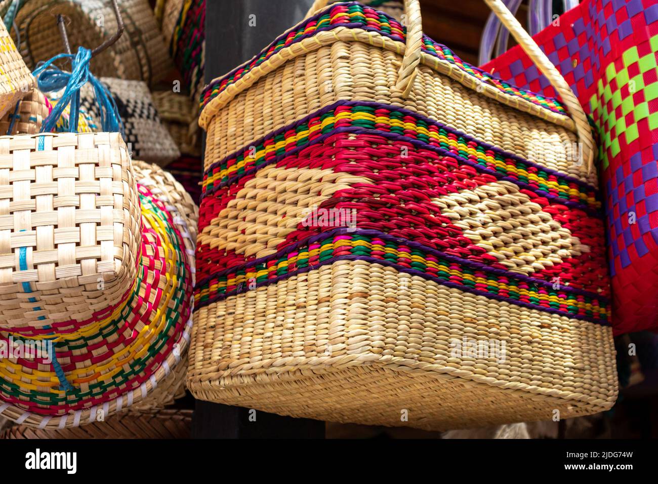 Handmade baskets from plants fiber at craft market in Cuenca, province