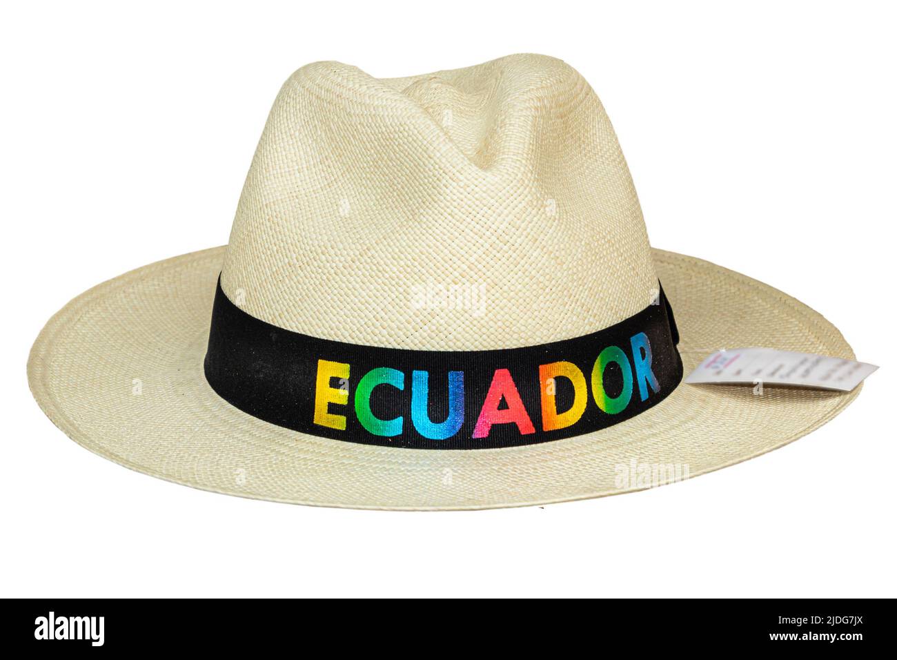 Handmade classic style Panama Hat or sombrero  with country name 'Ecuador' on the band at the traditional outdoor market in Cuenca, Ecuador. Popular s Stock Photo
