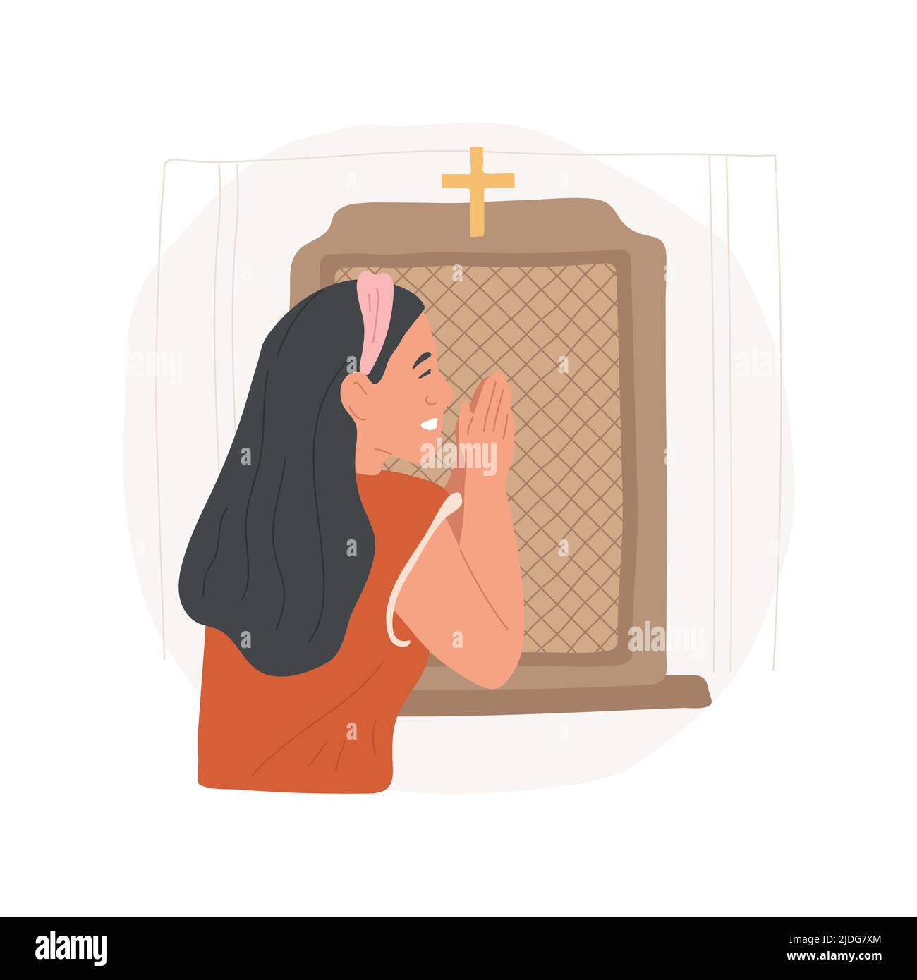 Penance isolated cartoon vector illustration. Woman penancing in the Confession booth, making Catholic observances and practices, religious Holy days, salvation sacraments vector cartoon. Stock Vector