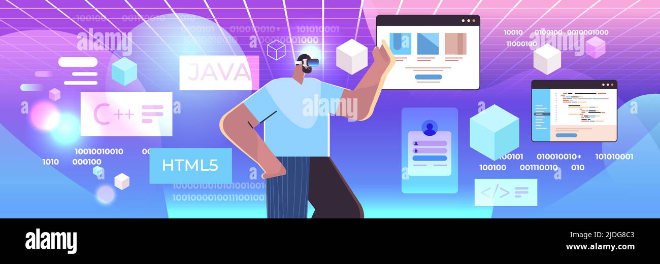 web developer in digital glasses creating program code development of software vr vision headset innovation metaverse Stock Vector