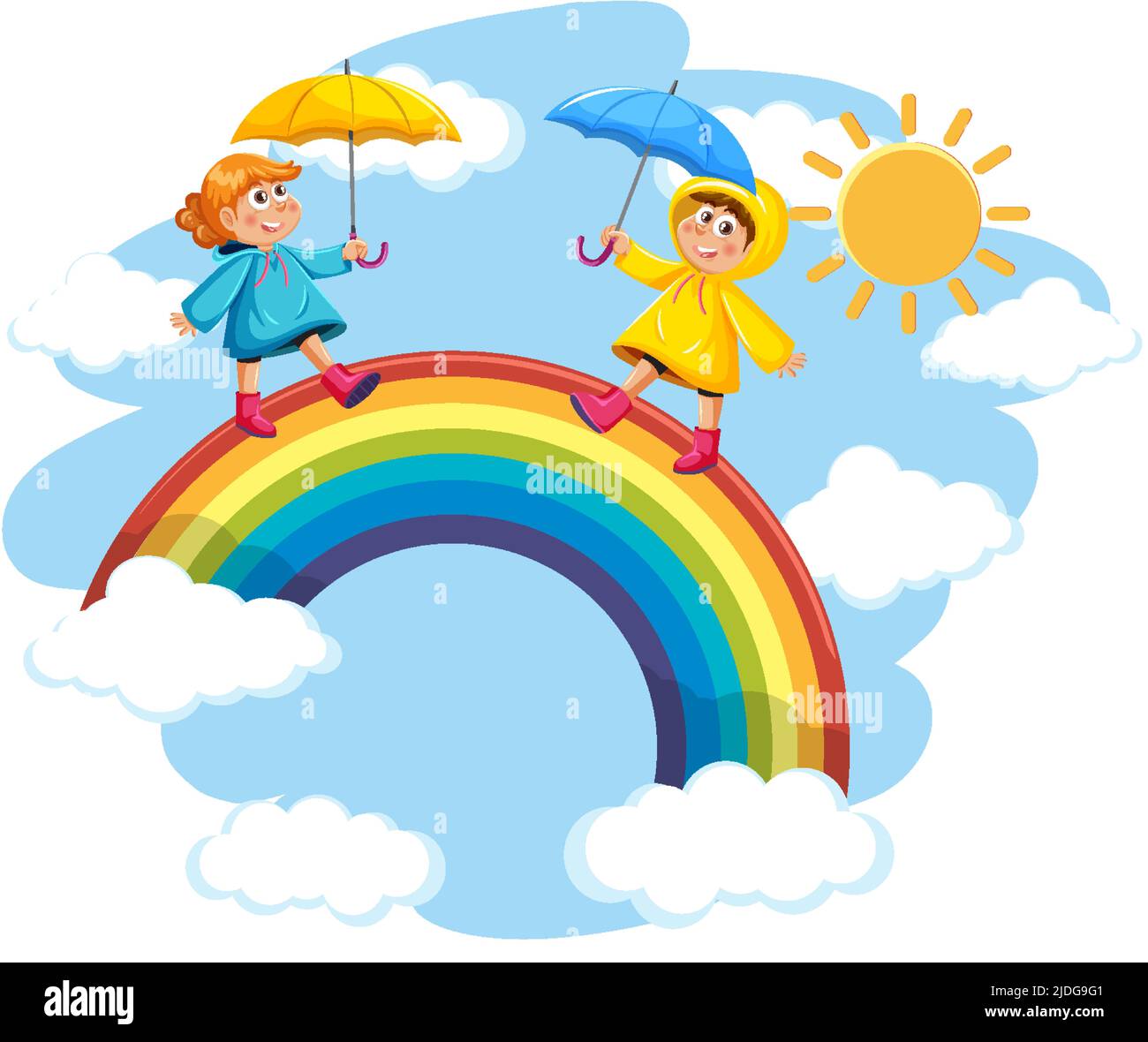 Children walking on rainbow in the sky illustration Stock Vector Image ...