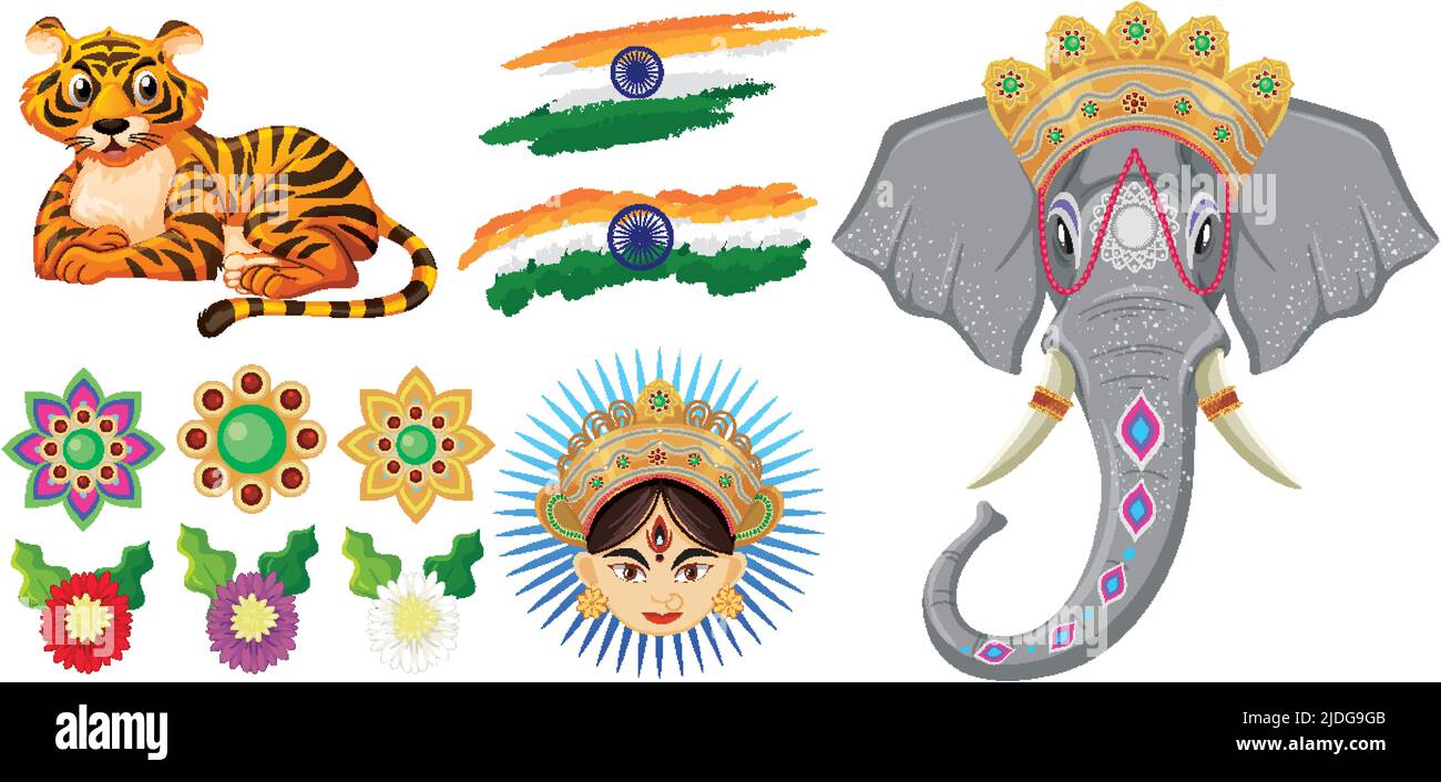 Set of Indian Hindu object decoration illustration Stock Vector