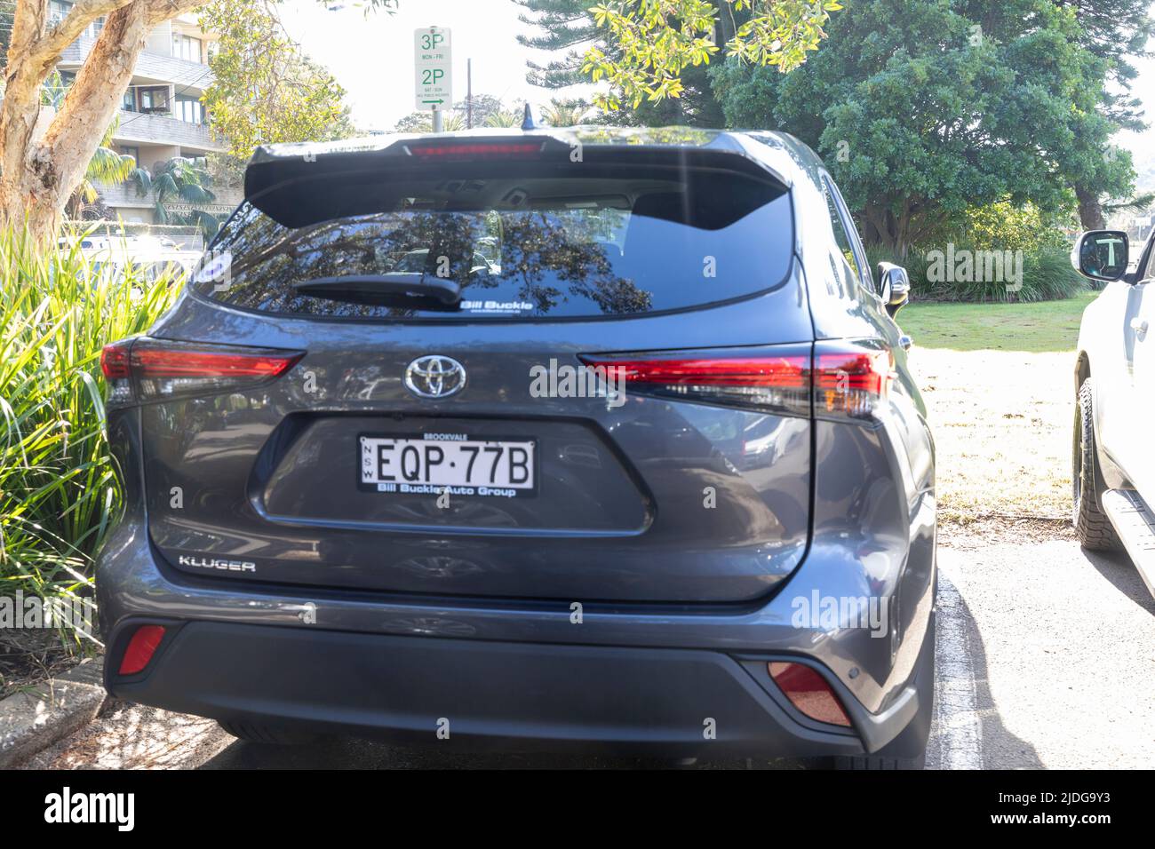 2021 model Toyota Kluger SUV vehicle parked in Avalon Beach Sydney, picture of rear of vehicle,Australian car Stock Photo