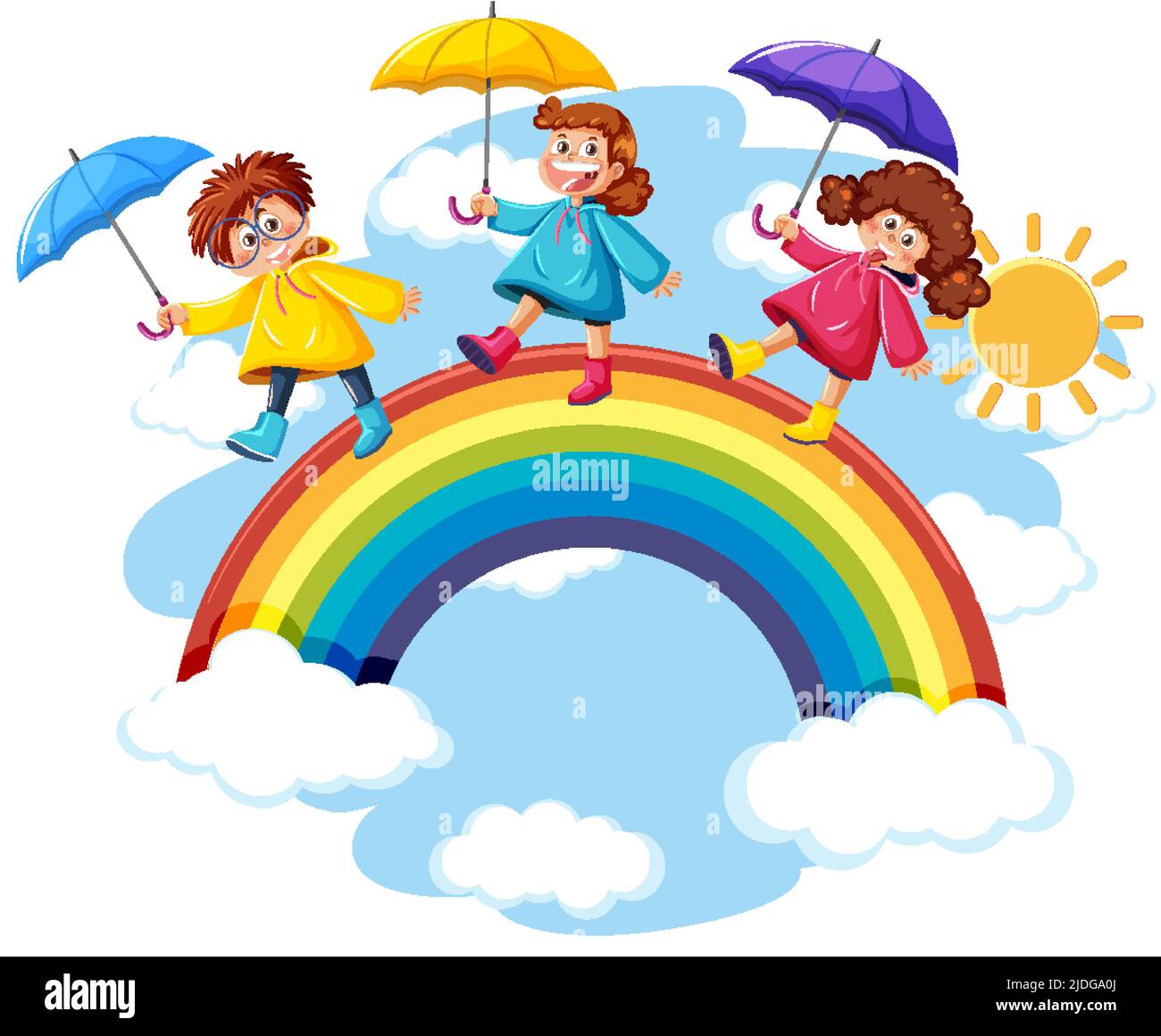 Three kids walking on rainbow in the sky illustration Stock Vector ...