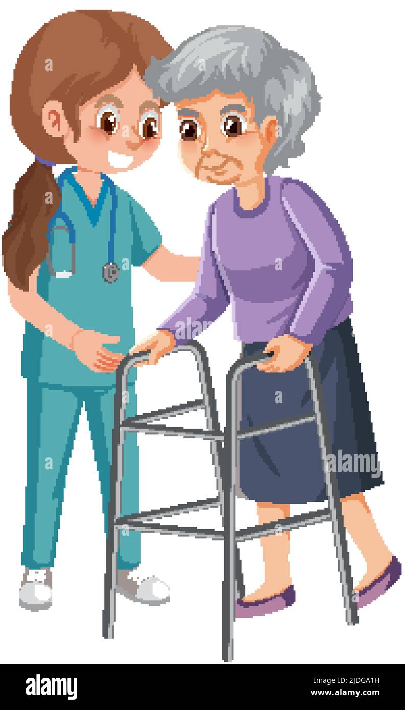 Elderly woman with walker and nurse illustration Stock Vector Image ...