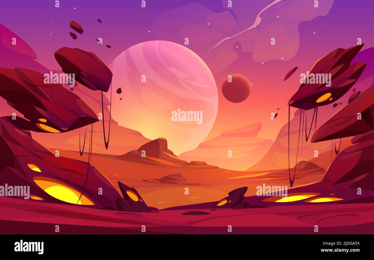 Fantastic landscape of alien planet with rocks, flying stones and ...