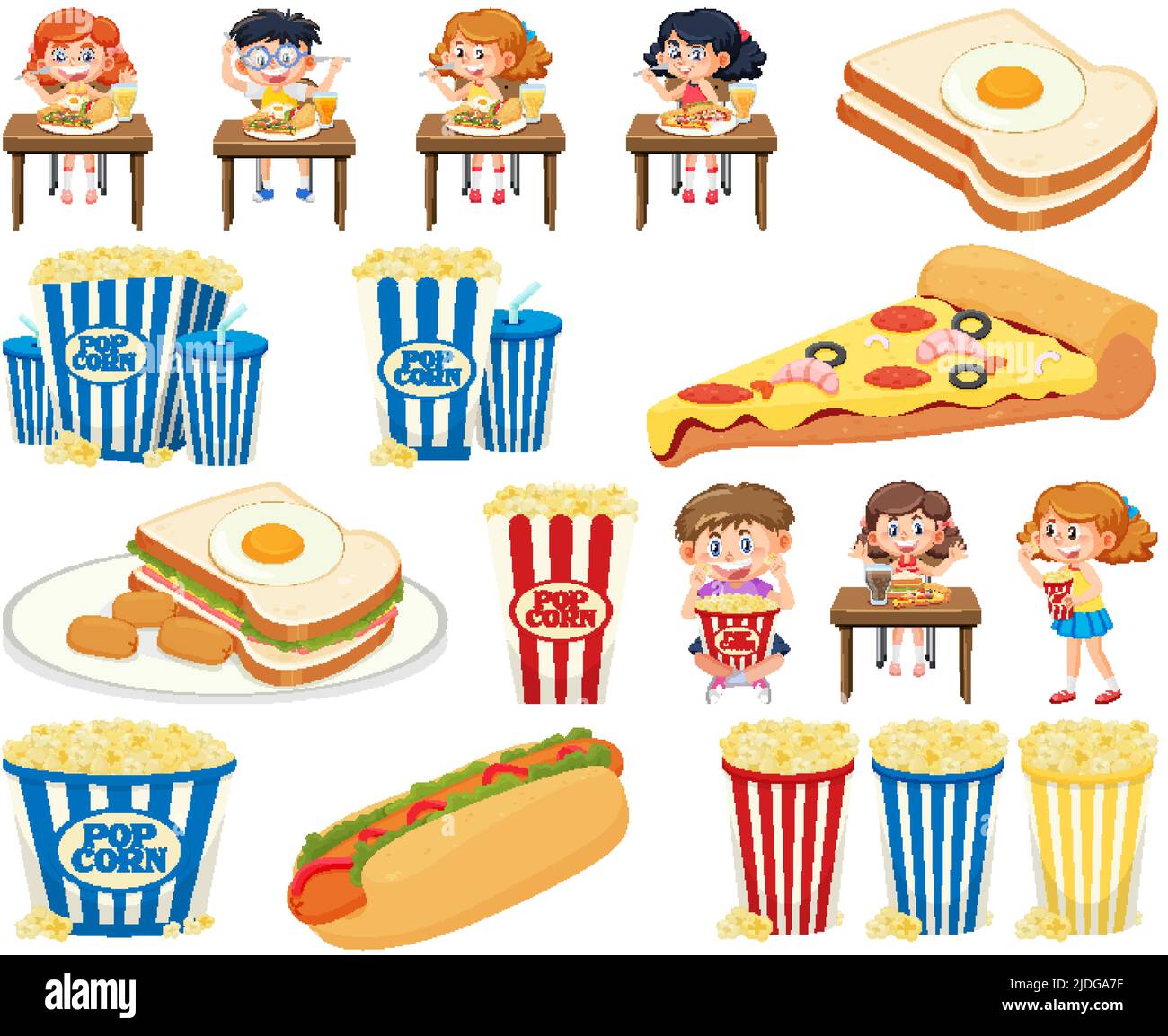 Set of different junk foods and kids illustration Stock Vector Image