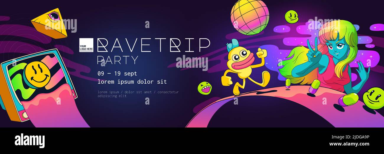 Psychedelic rave trip party banner template, blue girl with colorful hair, drugs and tv, acid background. Vector cartoon horizontal hippie poster with pyramid with eye, strange creature and disco ball Stock Vector