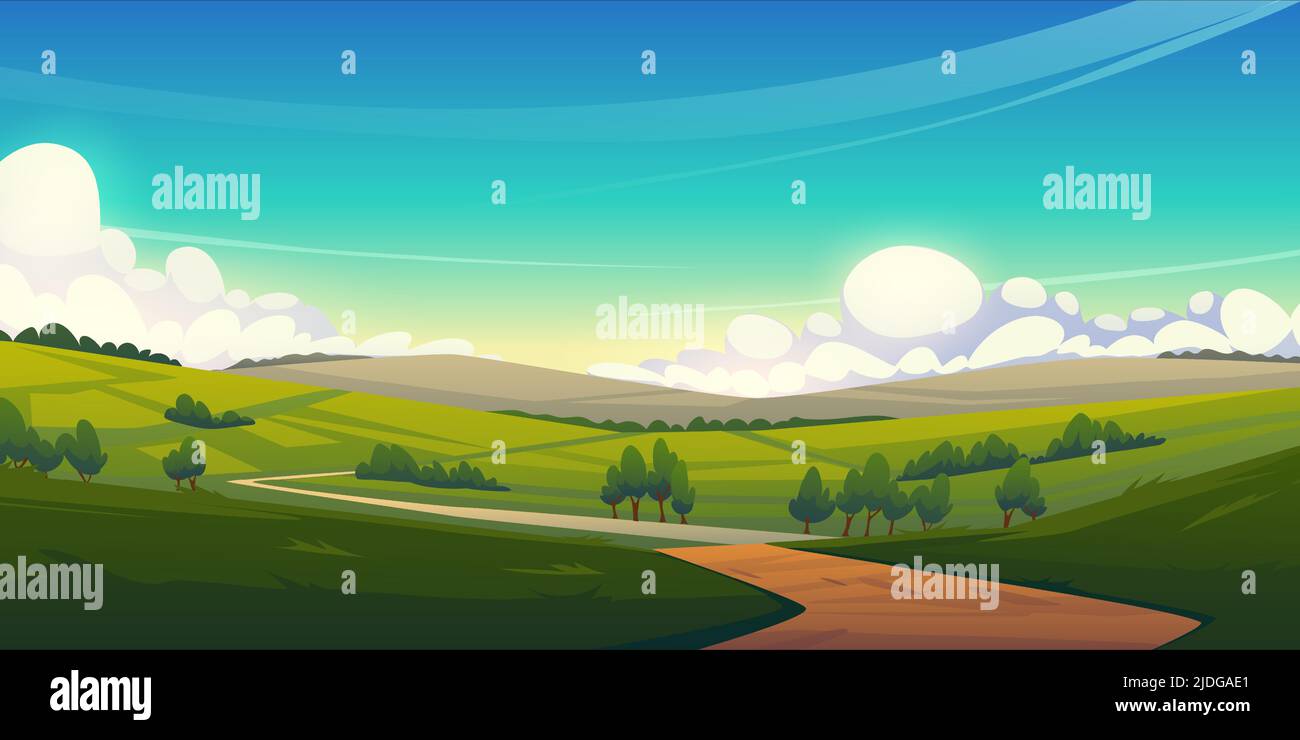 Rural landscape with green agriculture fields, path and trees. Vector cartoon panoramic illustration of summer countryside with pastures, grass and farmland, clouds on horison Stock Vector