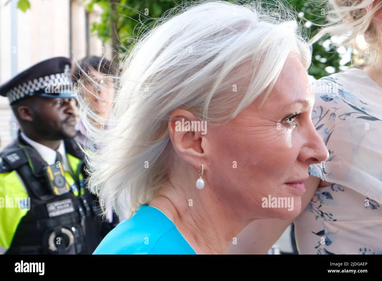 London, UK, 20th June, 2022. Secretary of State for Culture, Nadine Dorries arrives for the Conservative summer fundraising party at the Victoria and Albert Museum as culture sector workers from the Public and Commercial Services (PCS) union staged a pay protest. Low paid museum workers were offered a 2% pay increase whilst it is predicted by the  Bank of England that inflation will run at 11% by October. The ticketed annual event was attended by Cabinet ministers, MPs and Conservative Party donors. Credit: Eleventh Hour Photography/Alamy Live News Stock Photo